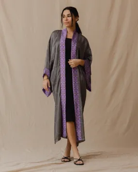 Palm Tree Satin Kimono Light Grey X Purple Palm Tree Satin Kimono Light Grey X Purple