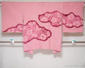 Pink Light Purple Silk Haori - Traditional Japanese Tie Dye Kimono Jacket for Women - Vintage Unused Haori - Shibori Flowers In Clouds