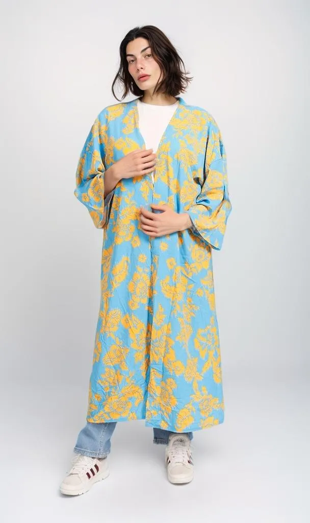 R206068 - Printed Rayon Kimono - Blue & Yellow Floral