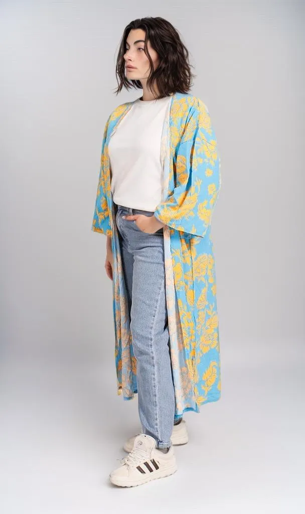 R206068 - Printed Rayon Kimono - Blue & Yellow Floral