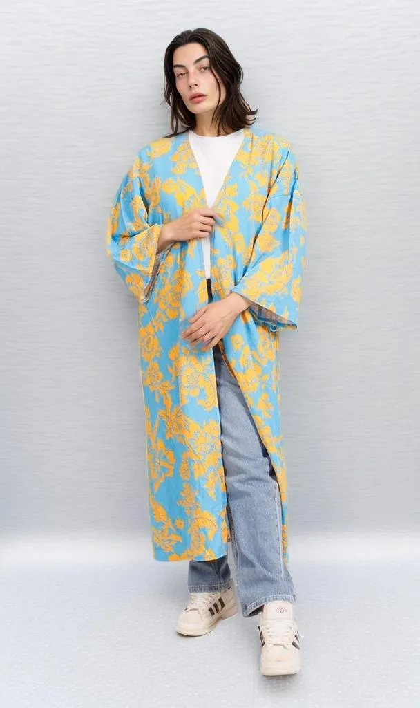 R206068 - Printed Rayon Kimono - Blue & Yellow Floral