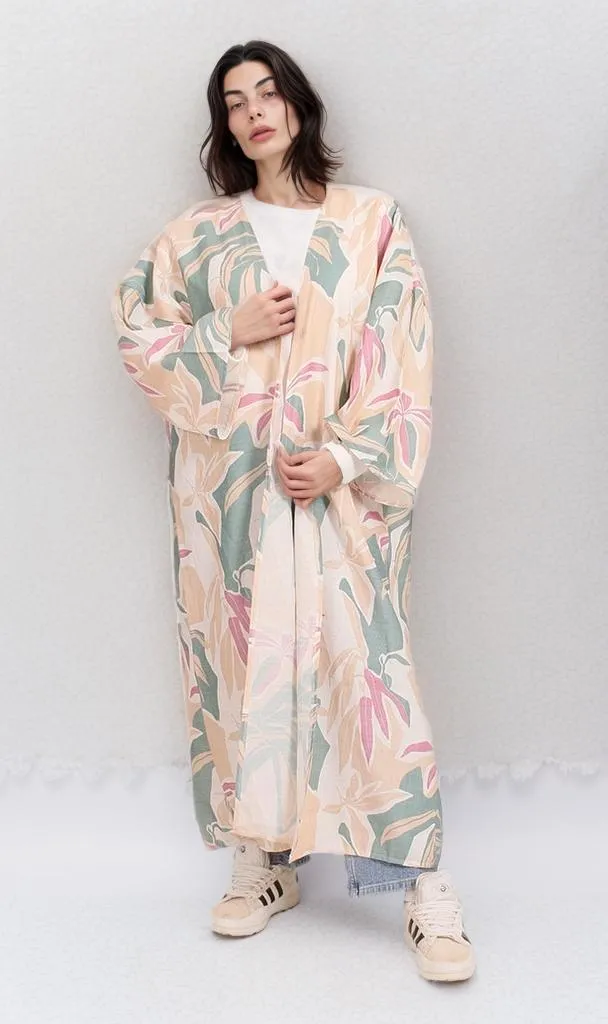R206069 - Printed Linen Look Kimono - Beige & Green Floral