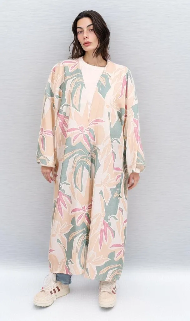 R206069 - Printed Linen Look Kimono - Beige & Green Floral