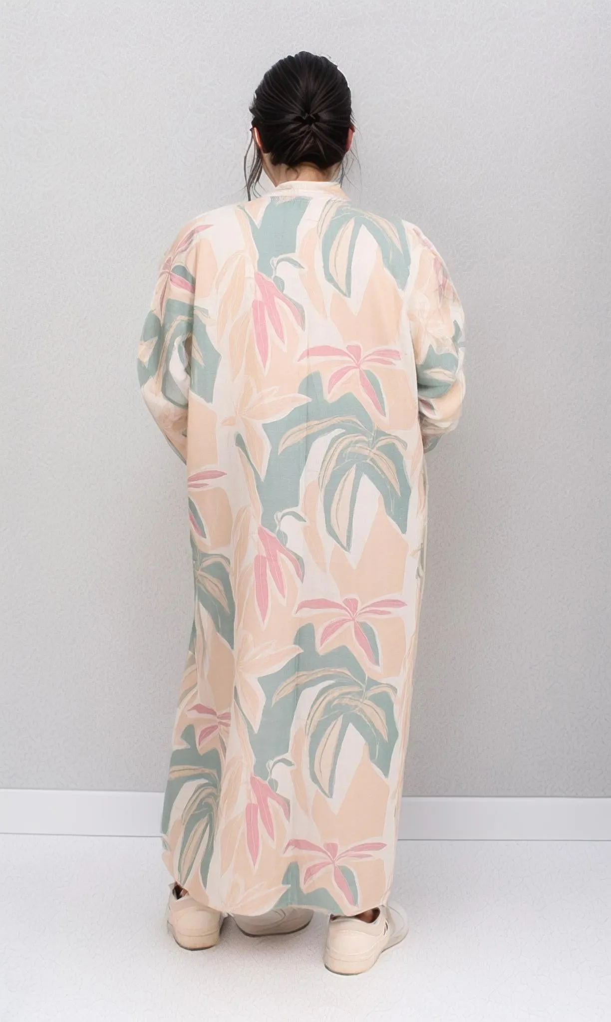 R206069 - Printed Linen Look Kimono - Beige & Green Floral