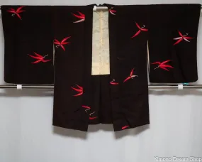 Red Leaves Falling Down Haori - Black Thick Silk Kimono Jacket - Vintage Japanese Clothing