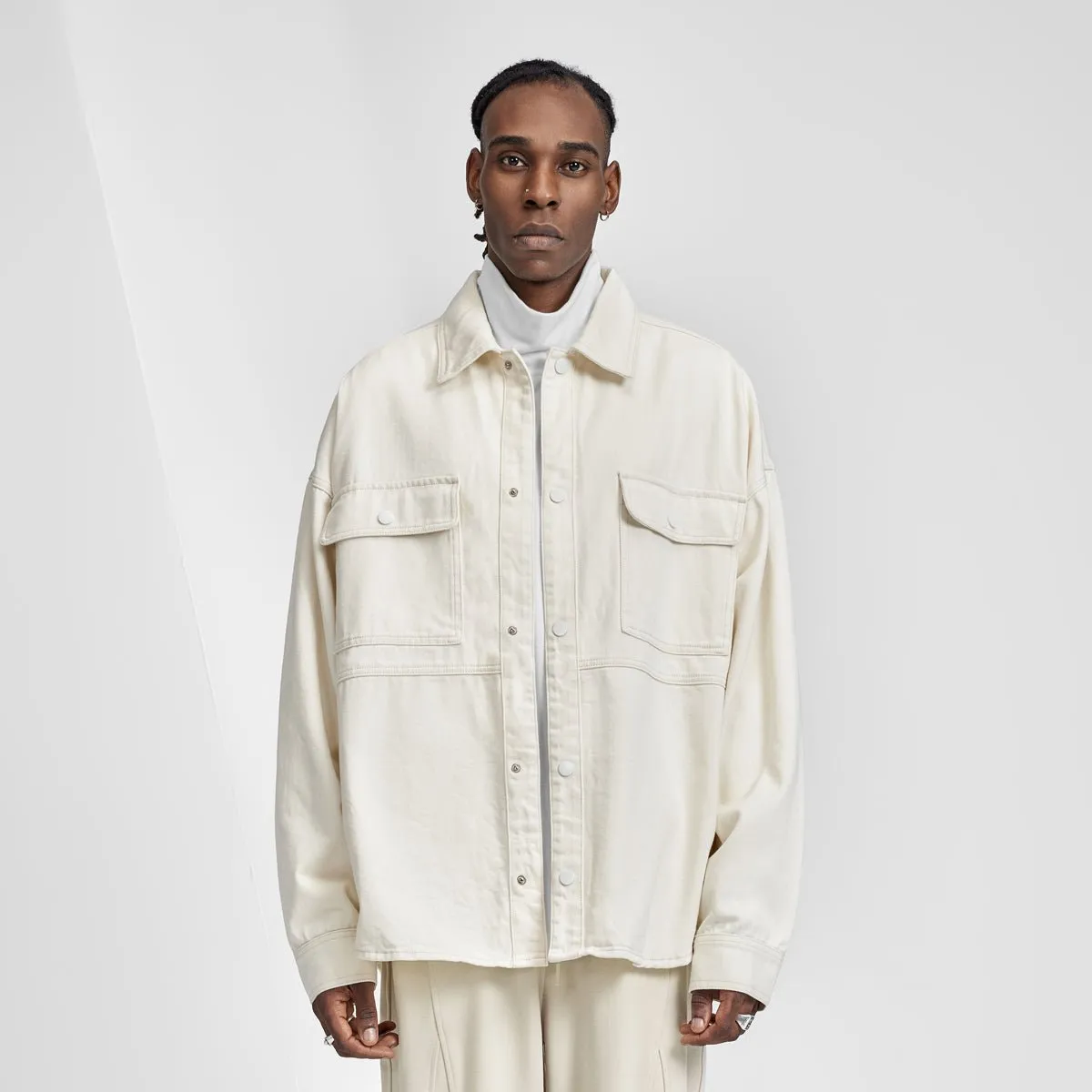 Relaxed Fit Cargo Pocket Button Up Ivory Denim Overshirt