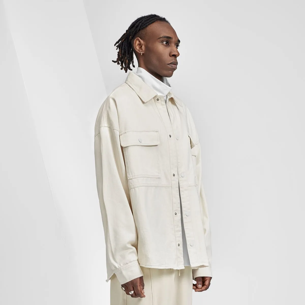 Relaxed Fit Cargo Pocket Button Up Ivory Denim Overshirt