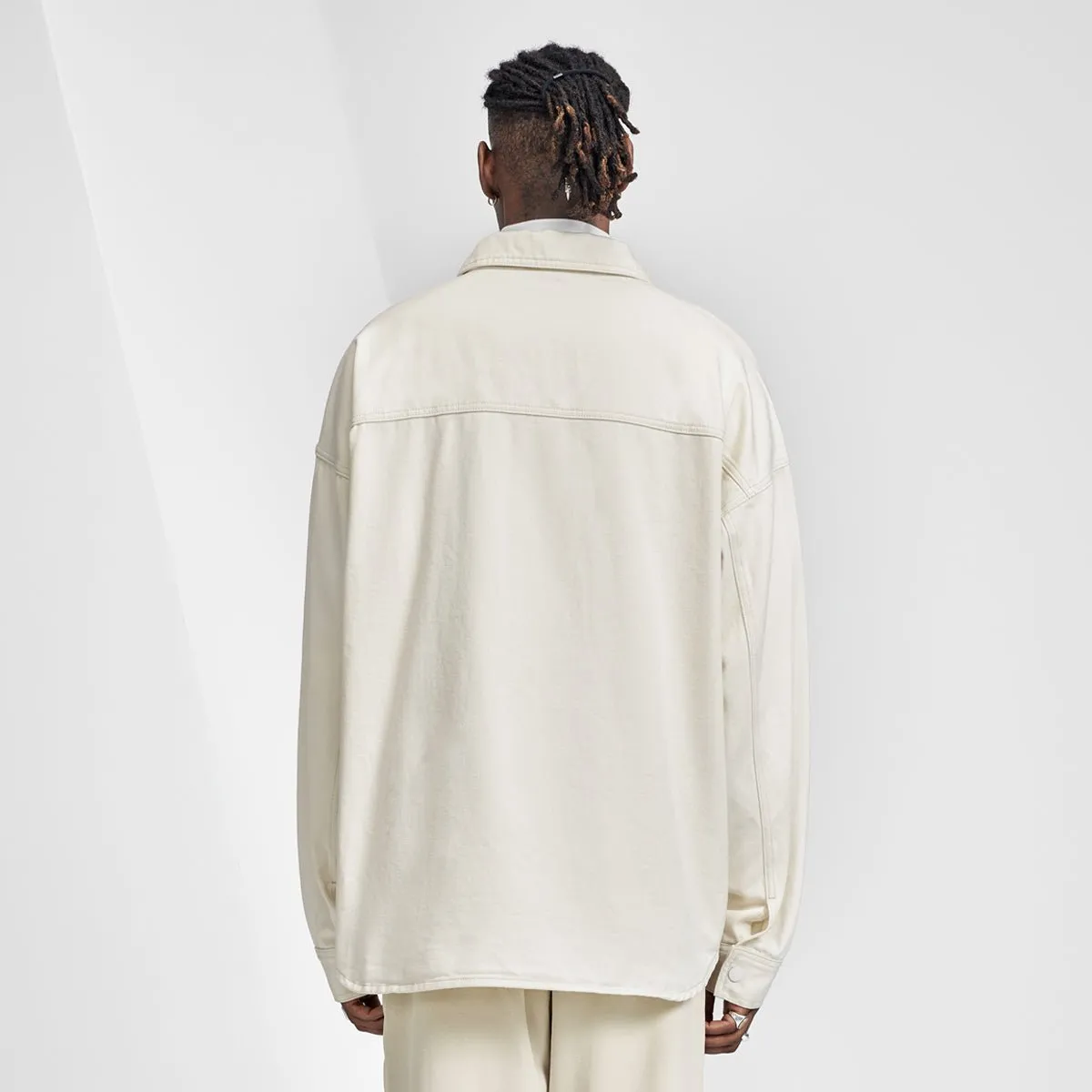 Relaxed Fit Cargo Pocket Button Up Ivory Denim Overshirt