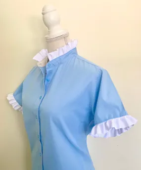 SALE - M, L, 2XL & 3XL - Jane Sky Blue Short Sleeve Ruffle Shirt (J03)  **FINAL SALE**