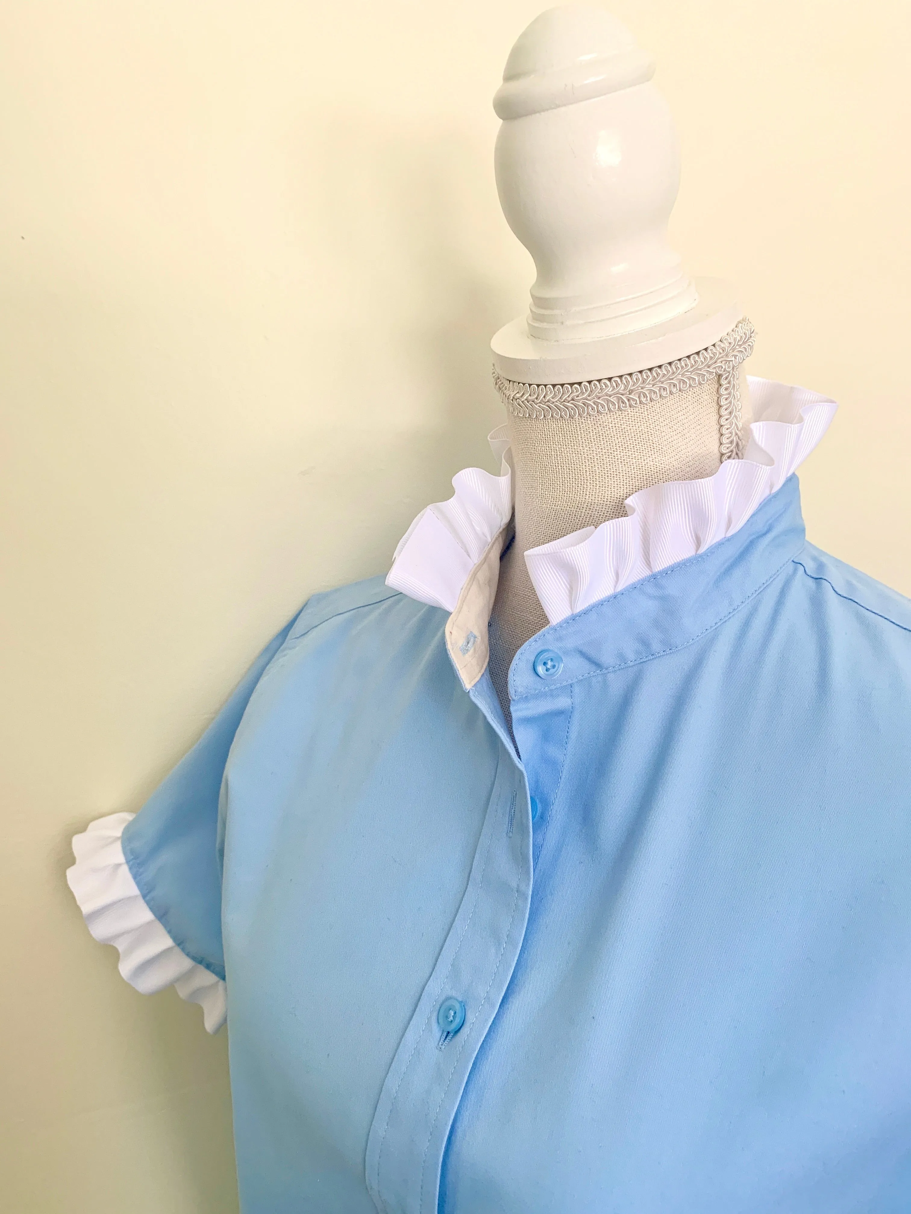 SALE - M, L, 2XL & 3XL - Jane Sky Blue Short Sleeve Ruffle Shirt (J03)  **FINAL SALE**