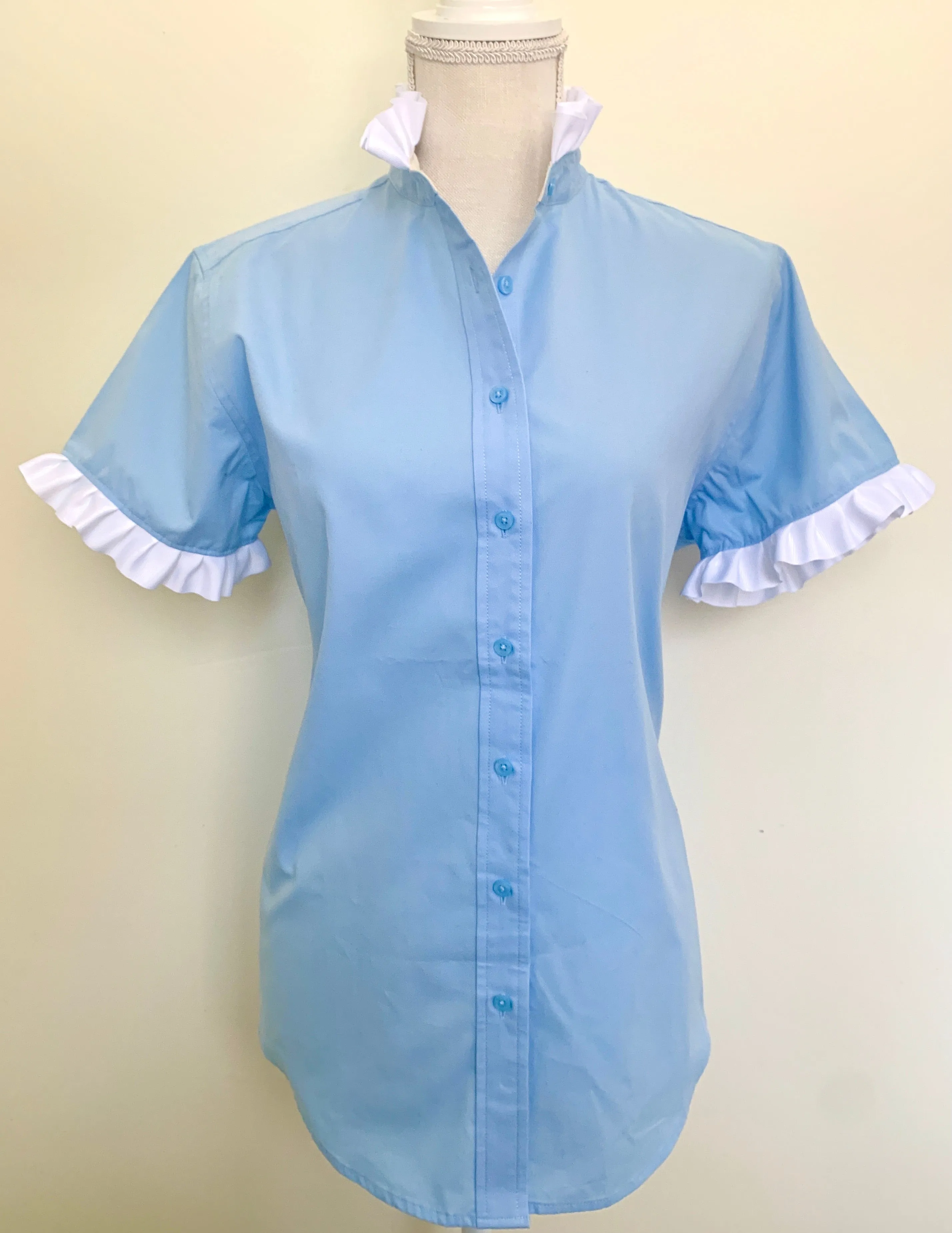 SALE - M, L, 2XL & 3XL - Jane Sky Blue Short Sleeve Ruffle Shirt (J03)  **FINAL SALE**