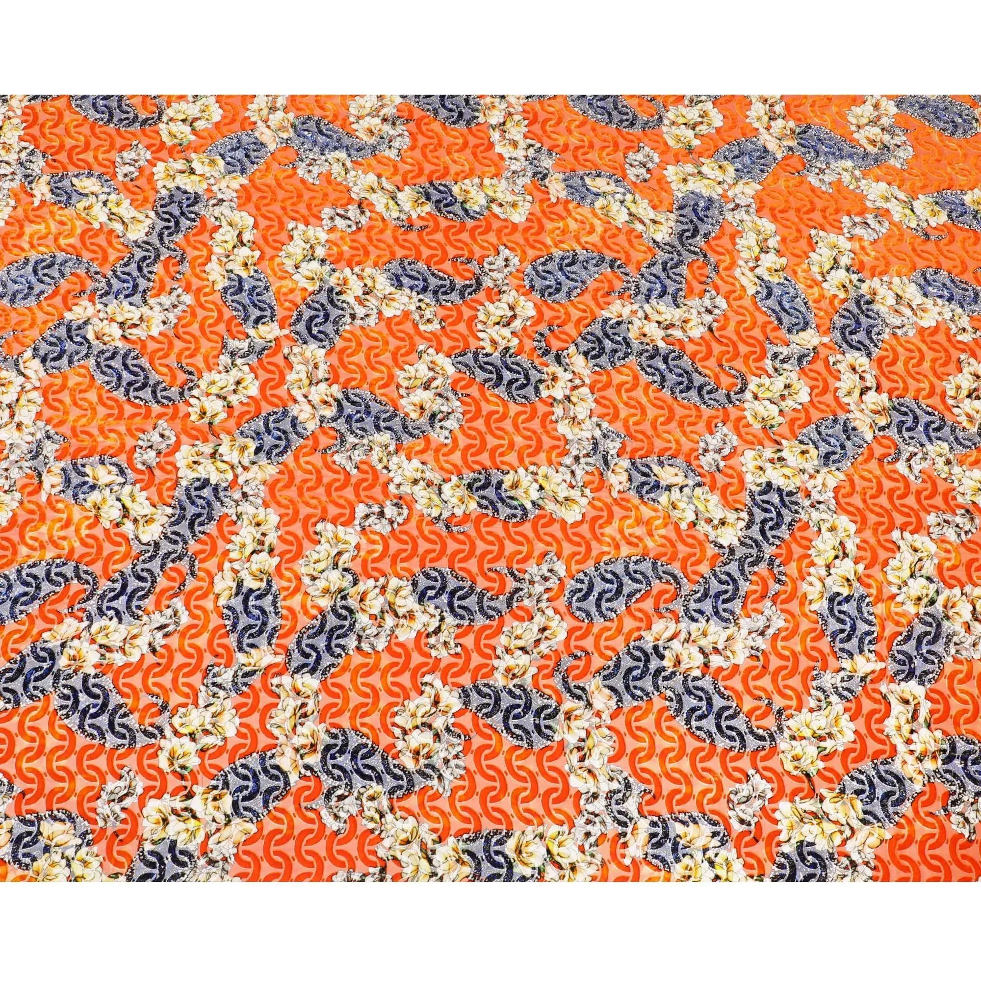 Tangerine orange Premium Italian silk chiffon dirac (makmal) fabric with same tone velvet jacquard having multicolor print in fancy design-D8694