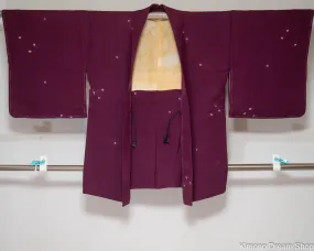 Unused Silk Floral Haori - Tradtional Women's Kimono Jacket - Purple with Purple Leaves & White Flowers - Basting Stitches