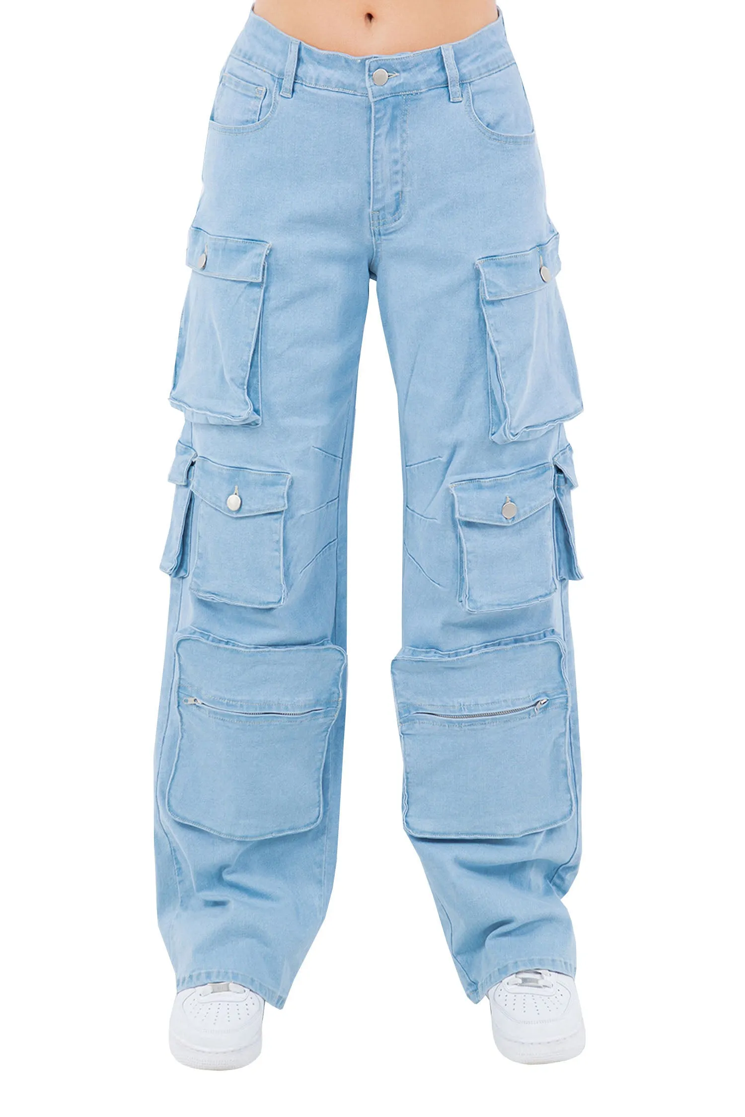 Women's High Rise Multi Cargo Pocket Loose Fit Denim Jeans