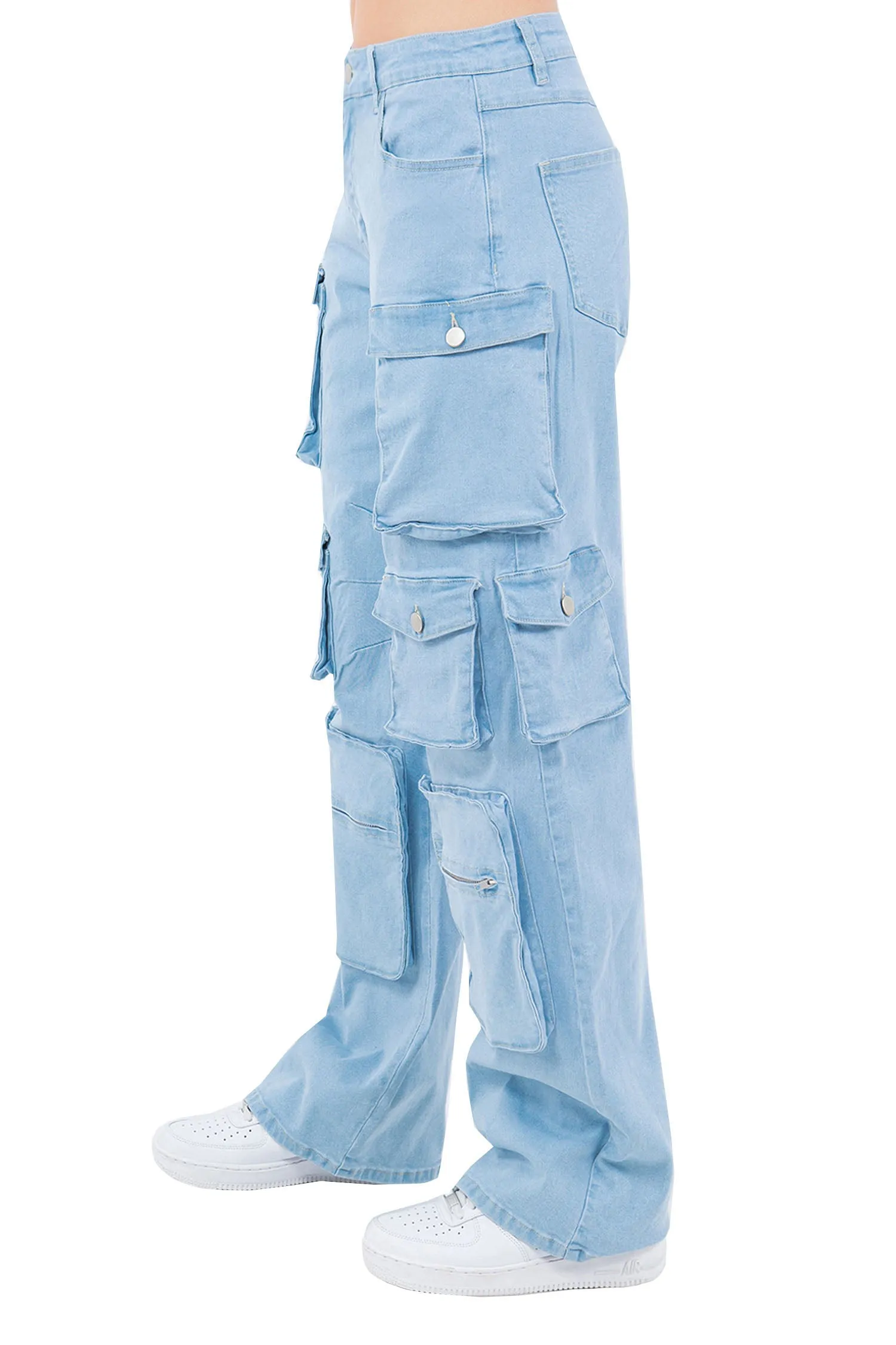 Women's High Rise Multi Cargo Pocket Loose Fit Denim Jeans
