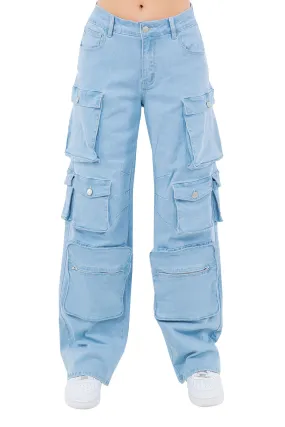 Women's High Rise Multi Cargo Pocket Loose Fit Denim Jeans